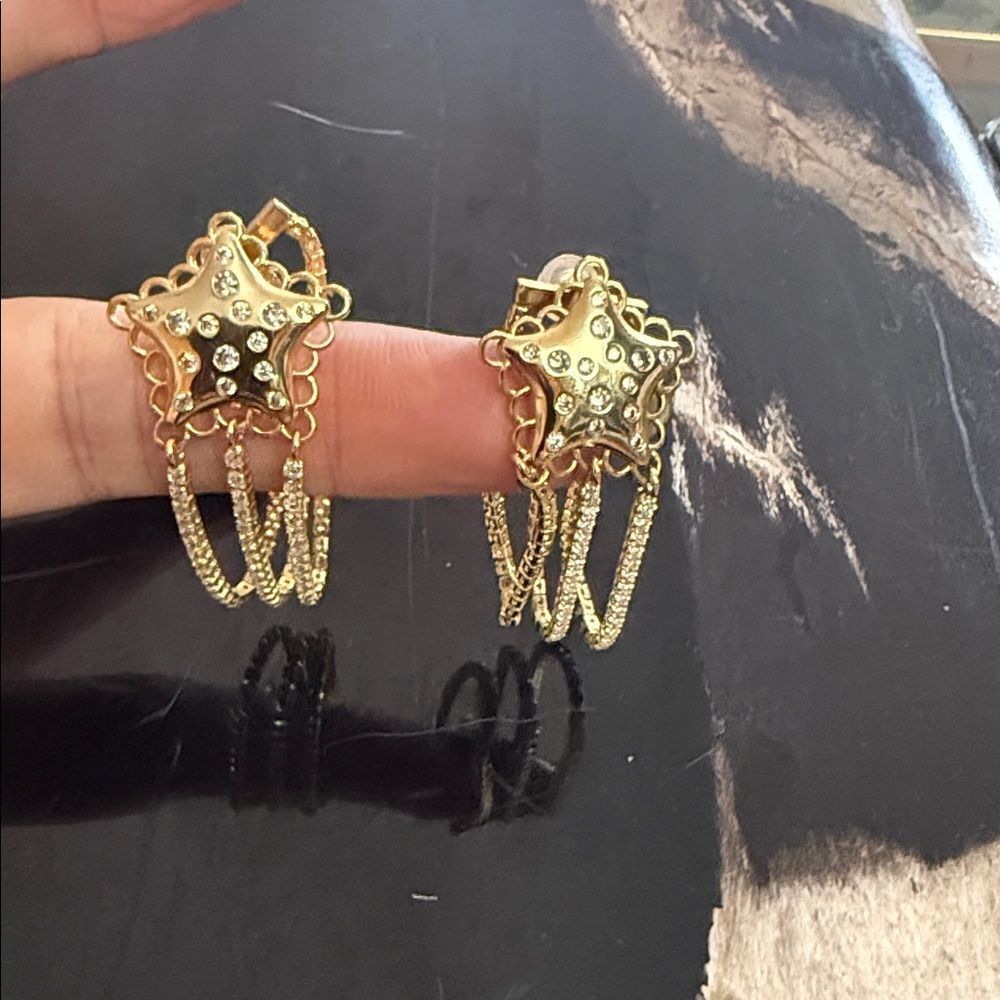 Elegant Gold Dangle Star Earrings with CZ Detail - Puff Star Chain Detailing NEW